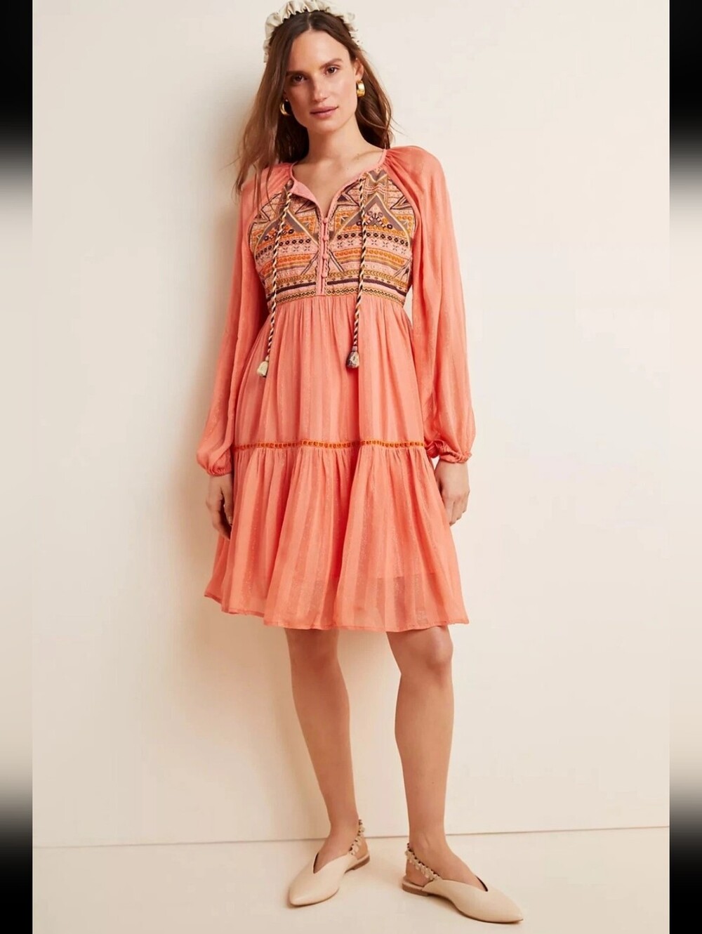 $178 Anthropologie By BI-nk Norah Tiered Embroidered Mini Dress Size Small